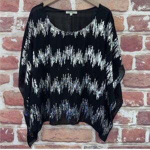 Umgee Kimono Top Women's XL Black Silver Abstract Sequin Sparkly Sheer Shirt